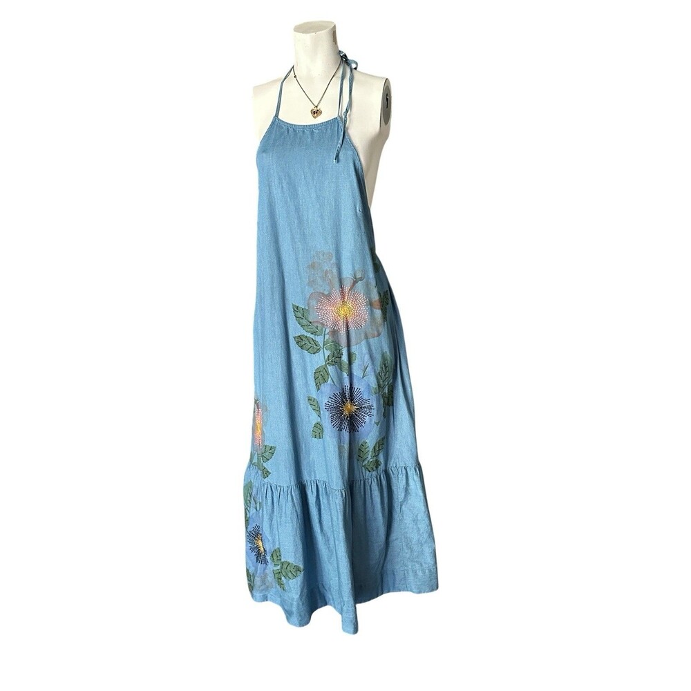 Anthropologie Pilcro Chambray Halter Embroidered Denim Midi Dress.  S EUC - Picture 4 of 13